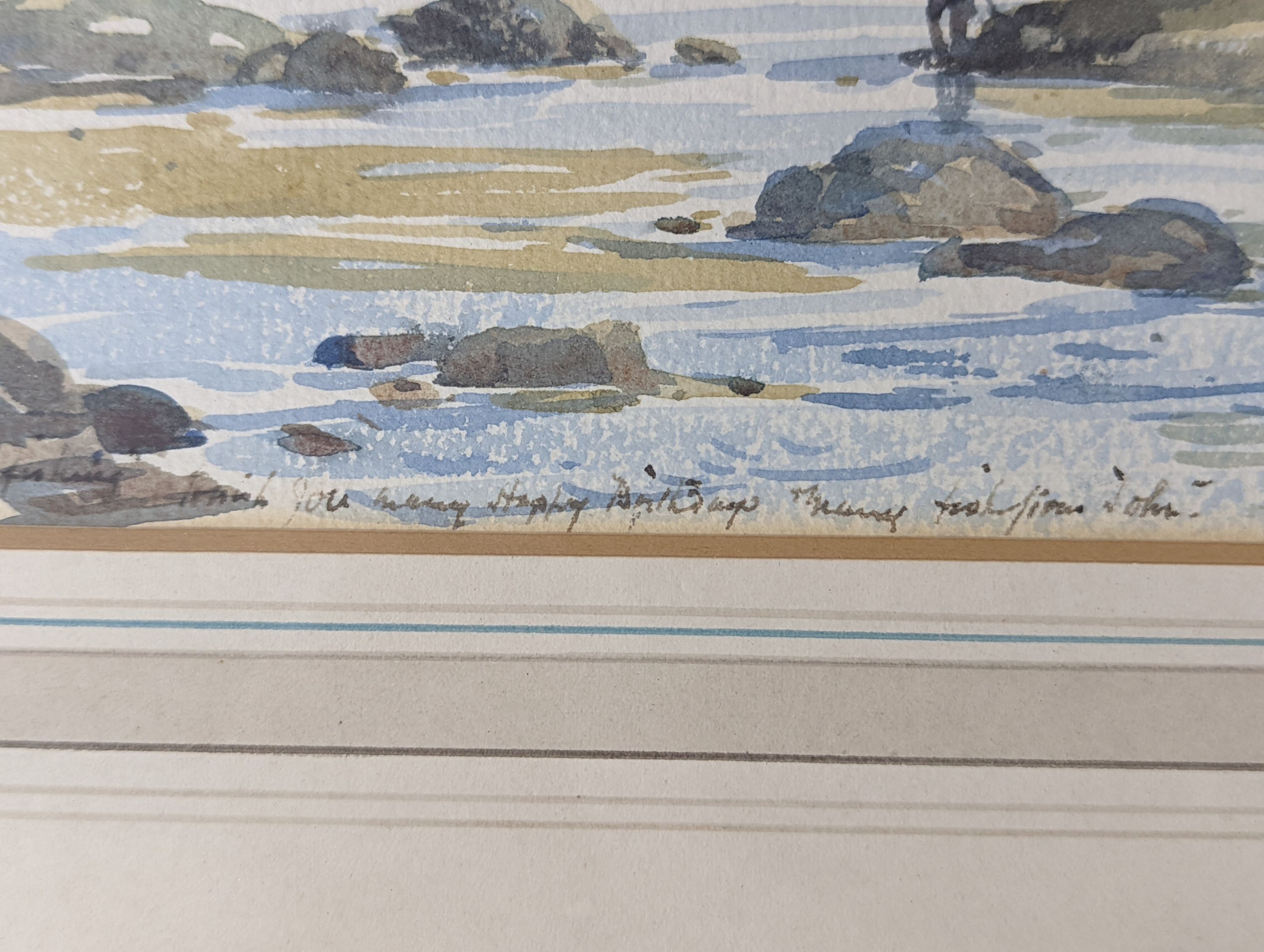 Samuel John Lamorna Birch (1869-1955), watercolour, George ... Fishing ... Happy Birthday, signed and dated 1948, 14.5 x 21cm